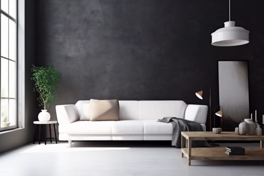 interior lifestyle pillow luxury couch dark white concrete wall wall stylish floor house space loft trendy white sofa living room. Generative AI.