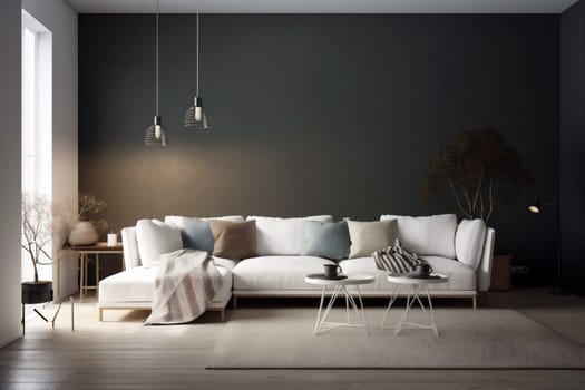interior background lifestyle couch living white indoor furniture luxury loft green room space light living room decor home white trendy. Generative AI.