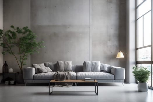 interior background sofa design lounge grey loft stylish pillow render cushion living room scandinavian simple green concrete concrete wall wall. Generative AI.