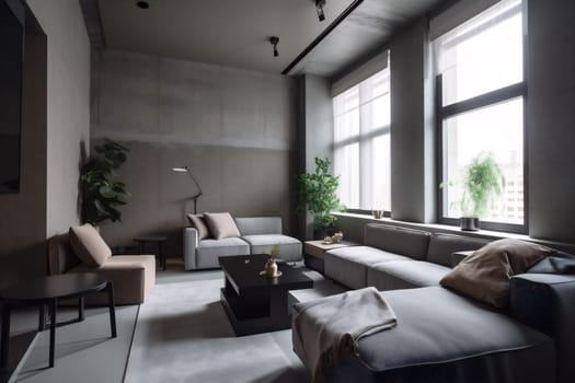interior background contemporary lifestyle lounge luxury indoor green decor white simple loft trendy wall light modern three-dimensional floor style living home. Generative AI.