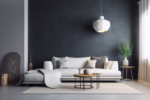 interior background design concrete empty pillow scandinavian white floor decor style lamp modern dark lifestyle luxury trendy decoration. Generative AI.