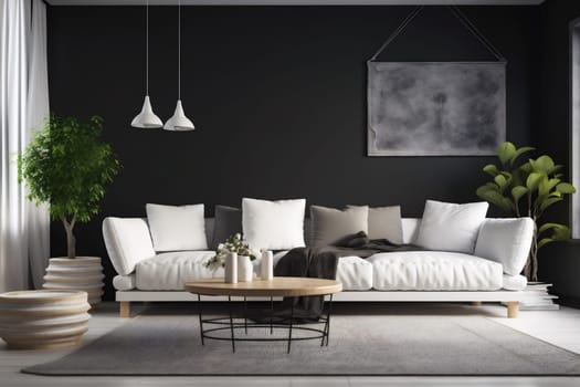interior background indoor render concrete wall house grey furniture white scandinavian couch decor empty pillow design living luxury cosy trendy apartment modern three-dimensional. Generative AI.