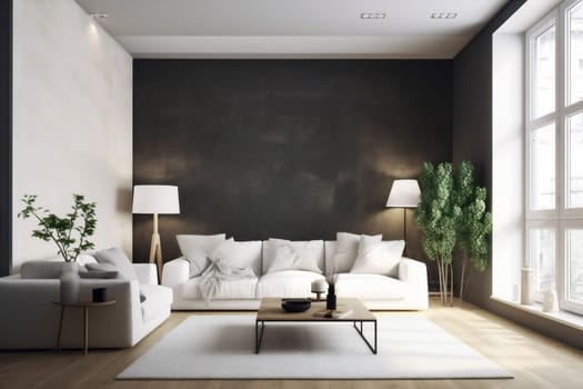 interior background lifestyle decor concrete wall lounge render design dark contemporary grey light concrete pillow furniture simple floor. Generative AI.