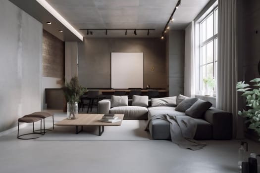 interior background grey simple concrete room lounge lifestyle trendy loft couch indoor concrete wall modern sofa space living living room. Generative AI.