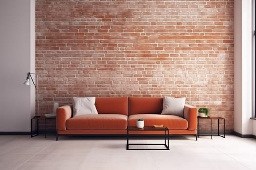 interior background brick orange modern lifestyle terracotta render couch cushion loft lamp simple cosy furniture home green room. Generative AI.
