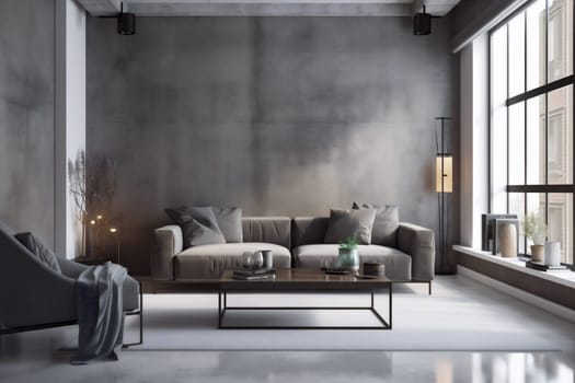 interior background furniture home render cosy simple lounge luxury modern three-dimensional loft empty light house space grey apartment. Generative AI.