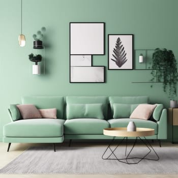 interior background living room space lifestyle contemporary empty cosy couch modern loft style home sofa room living green. Generative AI.