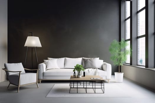 interior background couch simple white grey pillow home light style house comfortable contemporary dark decoration indoor cushion. Generative AI.