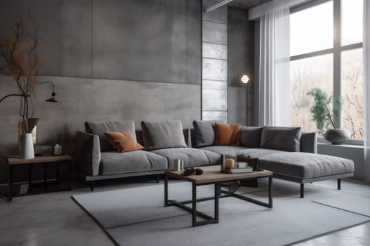 interior background decor cushion couch room living room contemporary wall apartment green decoration grey loft carpet concrete white. Generative AI.