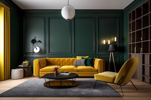 interior background light wall living room style carpet decor design stylish contemporary brick home room three-dimensional yellow couch. Generative AI.