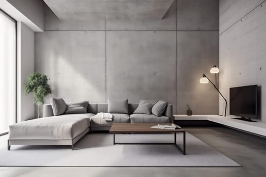 interior background style floor pillow contemporary indoor empty space loft lamp simple lounge house sofa wall green light grey couch. Generative AI.