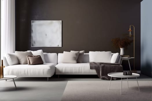 interior background grey pillow three-dimensional carpet concrete living room concrete wall green simple trendy contemporary style luxury modern space stylish decoration sofa empty dark. Generative AI.