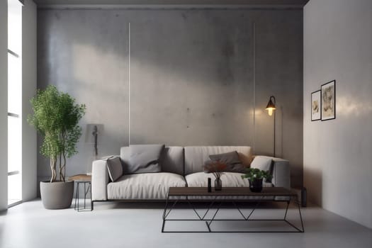 interior background design carpet concrete style scandinavian loft render wall three-dimensional sofa living room lounge room couch decoration cushion trendy. Generative AI.
