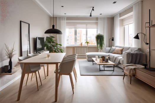 interior background living table window generative ai style stylish luxury modern decoration estate plant nobody comfortable architecture light couch floor lifestyle green. Generative AI.