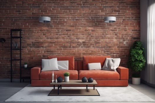 interior background apartment house indoor modern decor light loft couch space brick wall furniture wall living room lamp home room simple sofa terracotta lifestyle. Generative AI.