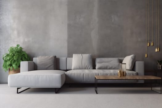 interior living room home couch simple decor green stylish modern floor furniture apartment space living cosy grey. Generative AI.