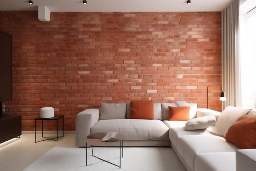 interior orange space cosy living room carpet indoor luxury lounge white loft brick home simple empty design light couch. Generative AI.