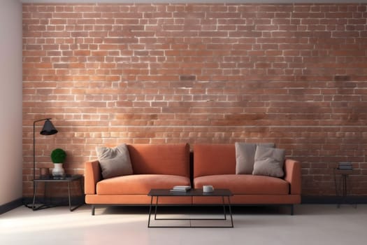 interior background brick wall lifestyle white trendy stylish orange luxury lamp lounge comfortable room terracotta home wall couch space style modern. Generative AI.