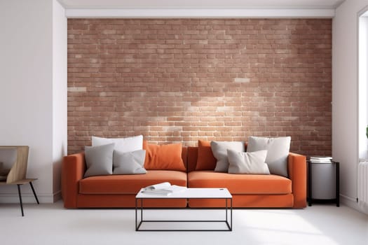 interior background decor space terracotta lifestyle cosy couch home cushion brick wall three-dimensional white living floor. Generative AI.