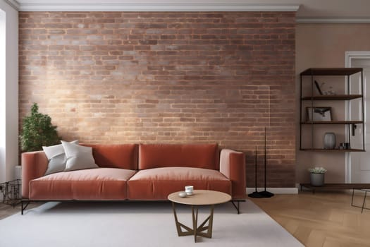 interior background loft comfortable house render furniture design pillow brick lamp trendy wall terracotta modern cushion lifestyle simple apartment empty. Generative AI.