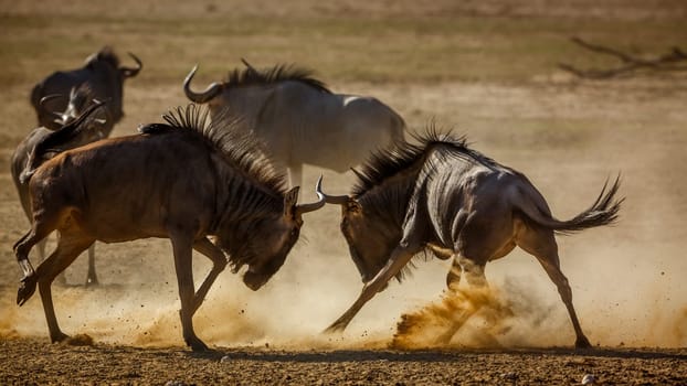 Two Blue wildebeest dueling in sand dry land in Kgalagadi transfrontier park, South Africa ; Specie Connochaetes taurinus family of Bovidae