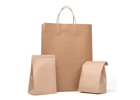 Group of lunch Paper bag and shopping paper bags isolated on a white background