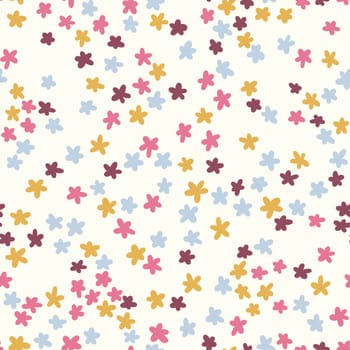 Hand drawn seamless pattern of tiny ditsy flowers. Blue yellow orange floral print on light pastel background, vintage retro minimalist style, small daisy nature art, spring summer garden five petals