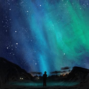 Hand drawn oil painting illustration of aurora borealis northern lights. Blue green winter artic phenomenon, man silhouette standing dark black mountains, natural space sky north nature, norway finland