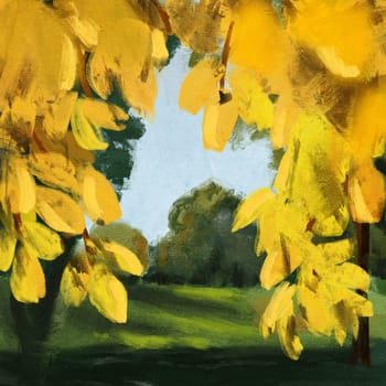 Hand drawn oil paint illustration of fall autumn yellow tree leaves in park garden forest wood. Bright golden leaf branches green grass blue sky, september october nature landscape day meadow