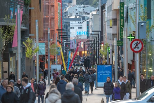 Andorra La Vella, Andorra : 2023 Aprill 15 : People Walk in the Comercial Street named Meritxell. Andorra la Vella, Andorra in winter.