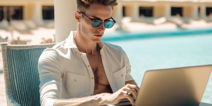 Business person use laptop computer in luxury resort hotel beach club in summer. superlative generative AI image.