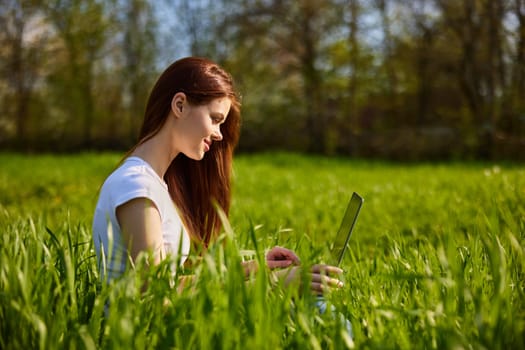 puzzled woman sitting in tall grass with laptop. High quality photo