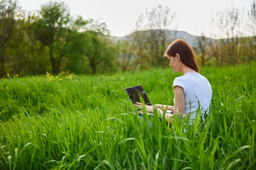 a woman works at a laptop while sitting in high green grass in nature, on a sunny summer day. High quality photo