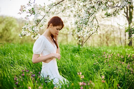 beautiful young readhead woman standing near the apple tree. High quality photo