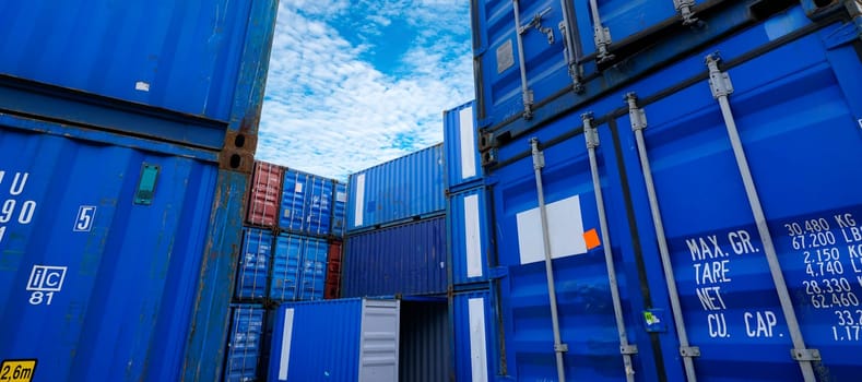 Container logistic. Cargo and shipping business. Container ship for import and export logistic. Container freight station. Logistic industry from port to port. Container at harbor for truck transport.                     