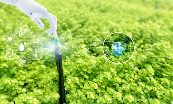 Robot hand touch automatic lawn sprinkler and icon of smart farming concept. Smart agriculture with modern technology concept. Sustainable agriculture. Precision agriculture. Climate monitoring.