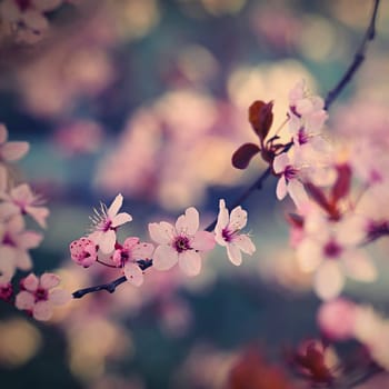 Spring time. Beautiful flowering tree. Spring in nature and colorful background. Japanese cherry - Sakura.