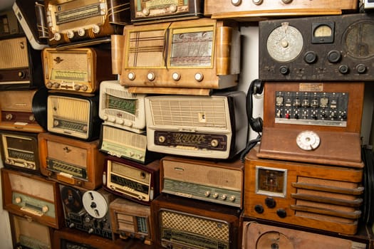 Collection of retro radio and telephone receivers circa 1950. Listening to music. Vintage instagram old style filtered photo, High quality photo