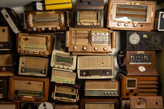 Collection of retro radio and telephone receivers circa 1950. Listening to music. Vintage instagram old style filtered photo, High quality photo