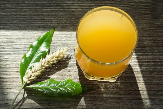 A spikelet of ripe wheat with green leaves and a glass of freshly squeezed orange juice in a glass glass on a wooden surface