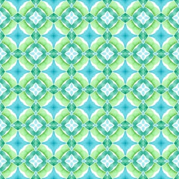 Textile ready unequaled print, swimwear fabric, wallpaper, wrapping. Green fair boho chic summer design. Ethnic hand painted pattern. Watercolor summer ethnic border pattern.