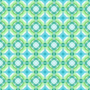 Textile ready unequaled print, swimwear fabric, wallpaper, wrapping. Green fair boho chic summer design. Ethnic hand painted pattern. Watercolor summer ethnic border pattern.