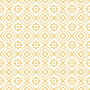 Tiled watercolor pattern. Yellow symmetrical kaleidoscope background. Textile ready bizarre print, swimwear fabric, wallpaper, wrapping. Hand painted tiled watercolor seamless.