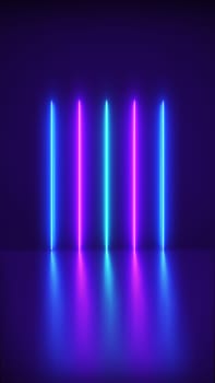 Futuristic Abstract Blue And Purple Neon Line Light Shapes On colorful background and reflective, laser show, night club interior lights, glowing line. Vertical size.