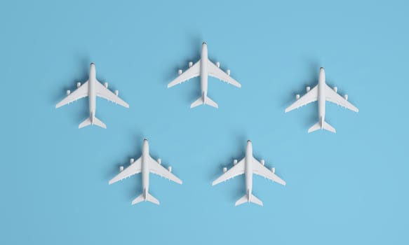 Different holiday or business trip destinations, airplanes on a blue background. 3D rendering.