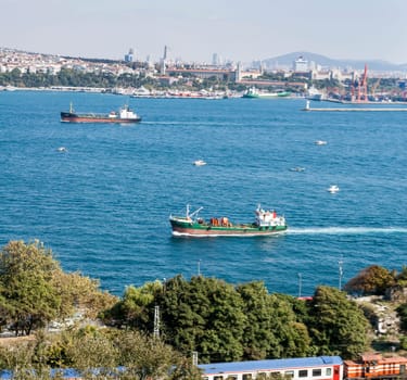 Panoramic view of the Bosphorus. The strait that connects the Black Sea to the Sea of Marmara and marks the boundary between the Europe and the Asia