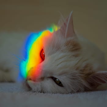 A white fluffy cat lies in the bedroom with a rainbow on its face
