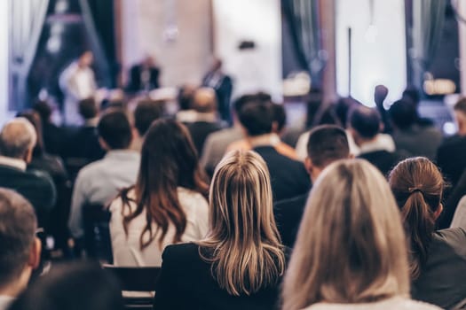 Round table discussion at business convention and Presentation. Audience at the conference hall. Business and entrepreneurship symposium.