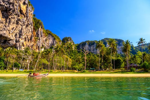 Long tail boat on tropical beach with palms, Tonsai Bay, Railay Beach, Ao Nang, Krabi, Thailand.