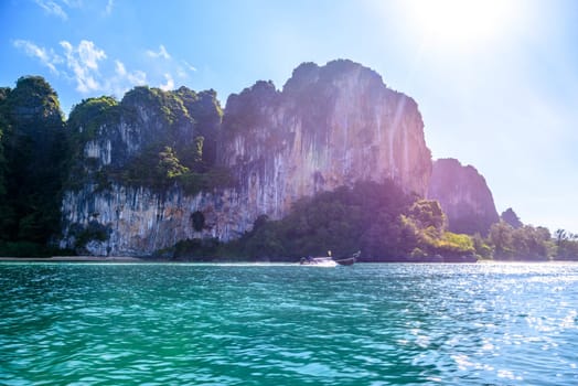 Cliff rocks with azure water in Tonsai Bay, Railay Beach, Ao Nang, Krabi, Thailand.